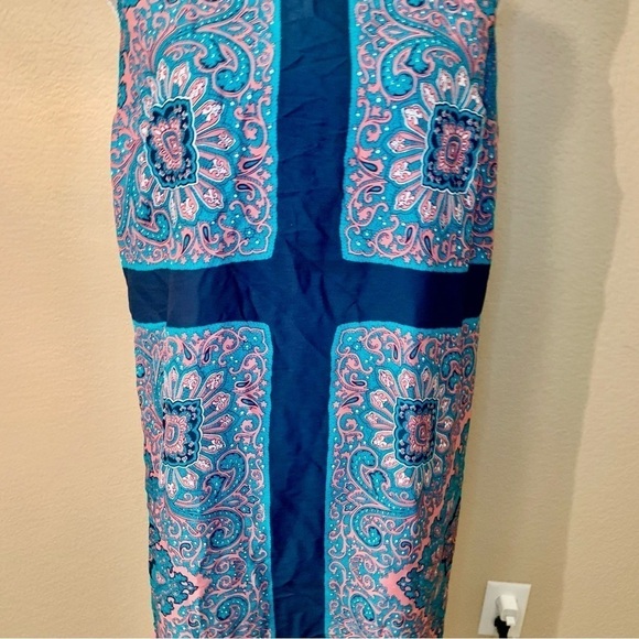 LOFT Sheath Dress Small Teal Pink Navy Sleeveless Lightweight Patterned Back Zip - Picture 3 of 14